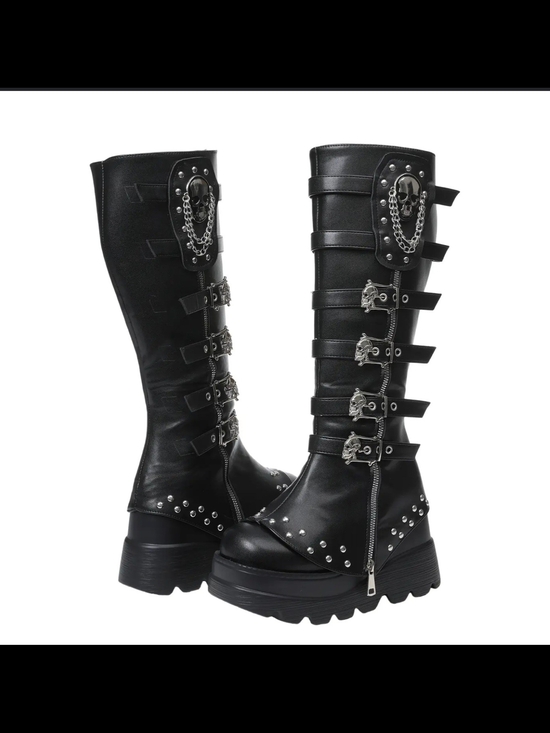 Demonia Shoes - Demonia Black Over-the-Knee Platform Boots with Skull & Chain Accents